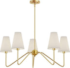 Electro bp;30" Dia 5-Arm Classic Chandeliers Polished Gold with White Linen Shades,Ceiling Light Fixture for Dining Room,Living Room,Entryway,E12,200W