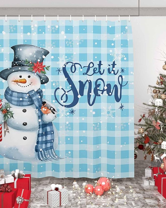 Snowman Christmas Shower Curtain, Let It Snow Winter Holiday Shower Curtains Set with Hooks, Blue White Buffalo Plaid Waterproof Fabric Bathroom Curtains Decor Home Accessories,72 X 84 Inch Extra Long