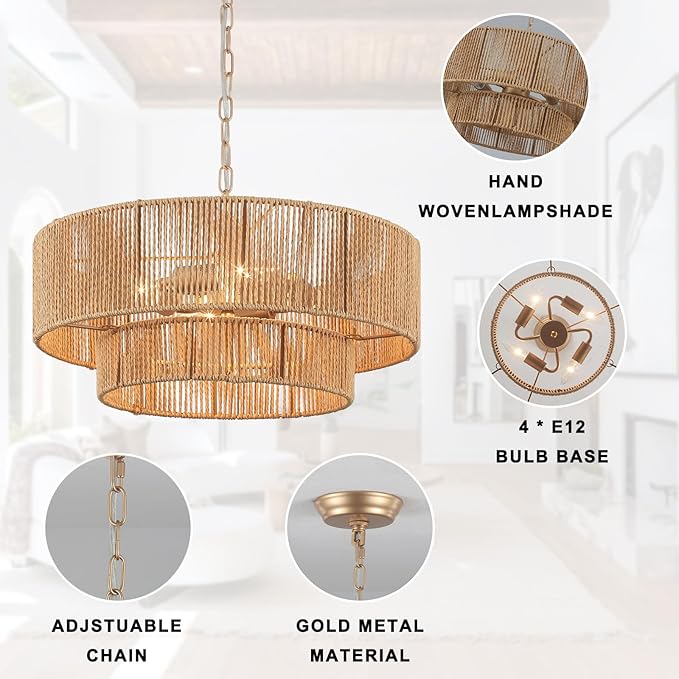 Boho Rattan Chandelier, 17.71” Rattan Pendant Light 4-Light with 2-Tier Hand-Woven Shade, Farmhouse Ceiling Light Fixture Chandeliers for Dining Living Room Bedroom Kitchen Island, UL-Listed