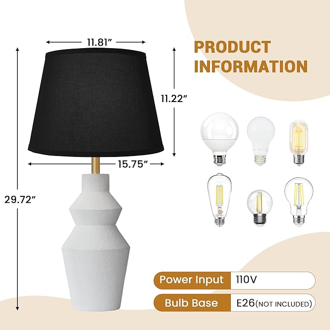 29.7" Modern Table Lamp, Single Farmhouse Rustic Bedside Lamp, White Cement lamp Base with Black Linen Shade, for Bedroom, Living Room Office Kids