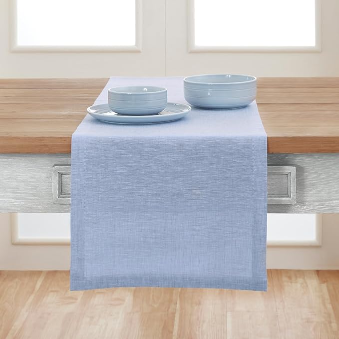 Solino Home Linen Table Runner 72 Inches Long - Athena, 100% Pure Linen Chambray Blue Table Runner 14 x 72 Inch for Dining, Christmas