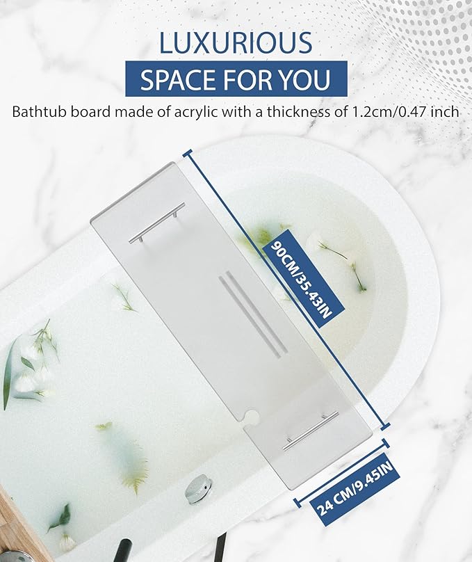 Acrylic Bathtub Tray Clear Bathtub Caddy Bath Tray Table for Tub Luxury Spa with Book and Wine Glass Holder Bathroom Accessories for Bathroom Decoration, Transparent 35.4inch