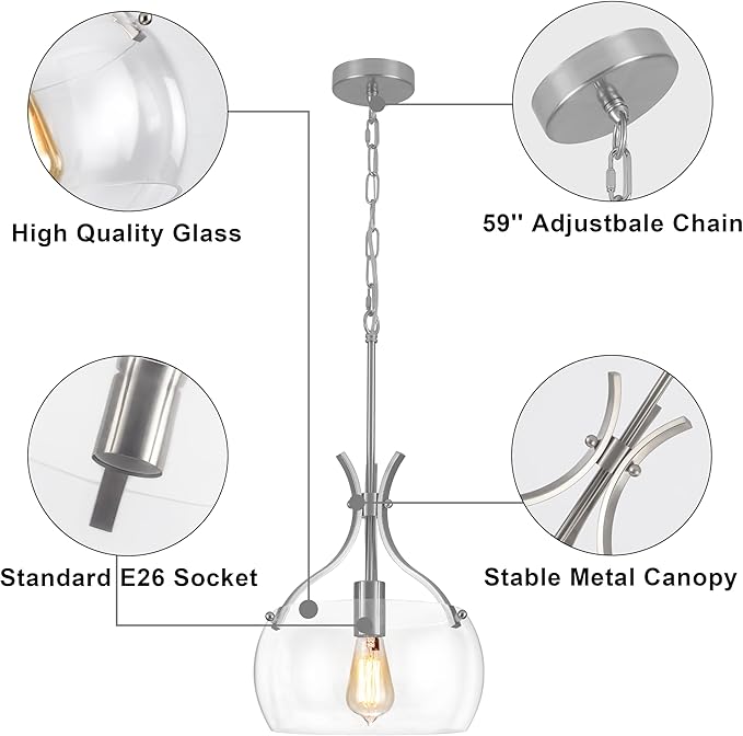 Glass Pendant Lights Kitchen Island, 11.8" Brushed Nickel Industrial Pendant Lighting, Modern Hanging Light Fixture with Glass Shade for Dining Room Kitchen Sink Hallway Entryway