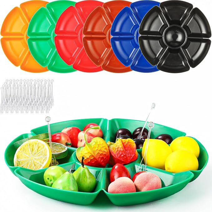 Zhehao 6 Pcs Plastic Divided Serving Trays with 60 Pcs Disposable Fork, 7 Compartments Round Chip Dip Plate, Petal Shape Platter, 10.6'' Snacks Serving Dish for Party Candy Nuts Fruits (Warm Color)