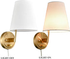 Bedroom Bedside Wall Lamps Set of 2 Gold Brass Plug in Wall Sconce Fabric Shade for Living Room