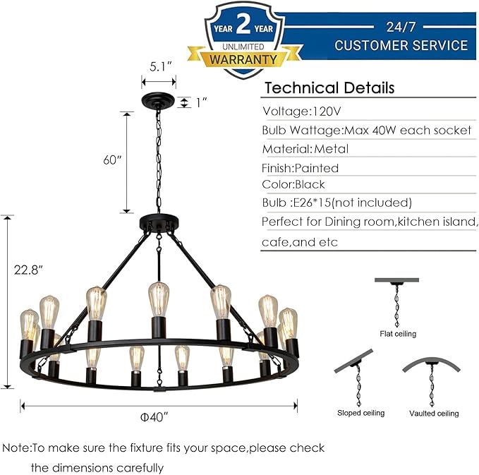 Wagon Wheel Chandelier, 15 Light Black Farmhouse Chandeliers for Dining Room, Dia 40'' Industrial Dining Room Light Fixture for Kitchen Island Living Room Foyer