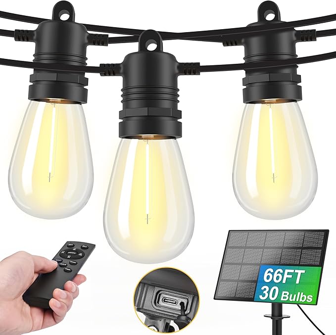 Solar String Lights Outdoor Waterproof 66 FT 30 Sockets 32 LEDs Patio Lighting, USB Charge & Remote Controlled Dimmer Timer, Solar Outdoor Lights for Patio Yard Outside Camping Party 2700K