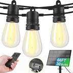 Solar String Lights Outdoor Waterproof 66 FT 30 Sockets 32 LEDs Patio Lighting, USB Charge & Remote Controlled Dimmer Timer, Solar Outdoor Lights for Patio Yard Outside Camping Party 2700K
