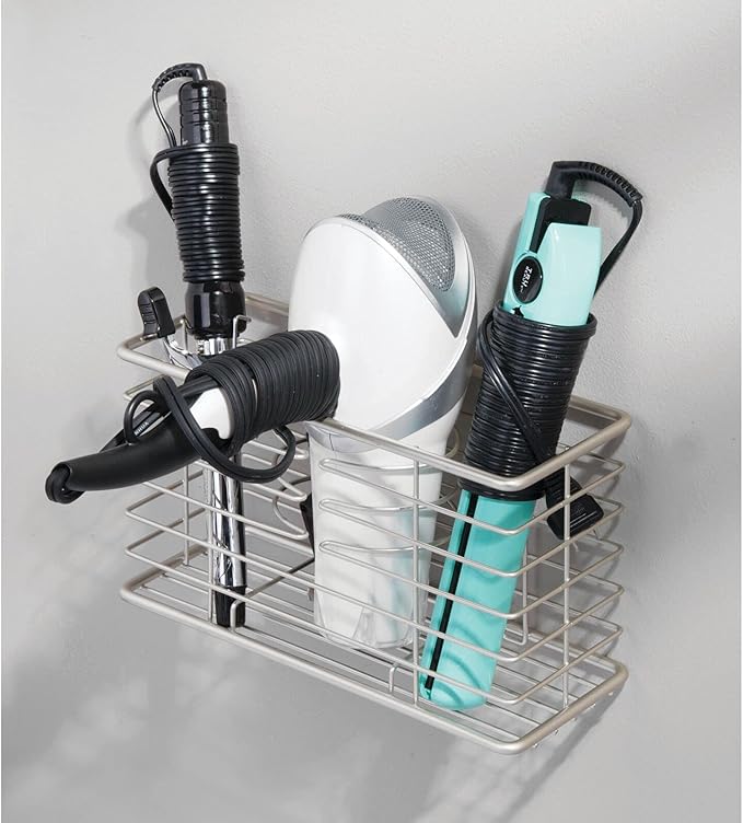 mDesign Steel Wall Mount Hair Dryer Storage Organizer - Tool Basket for Bathroom and Bedroom - Holds Dryer, Flat Iron, Curling Wand, Straightener - Linelle Collection - Satin
