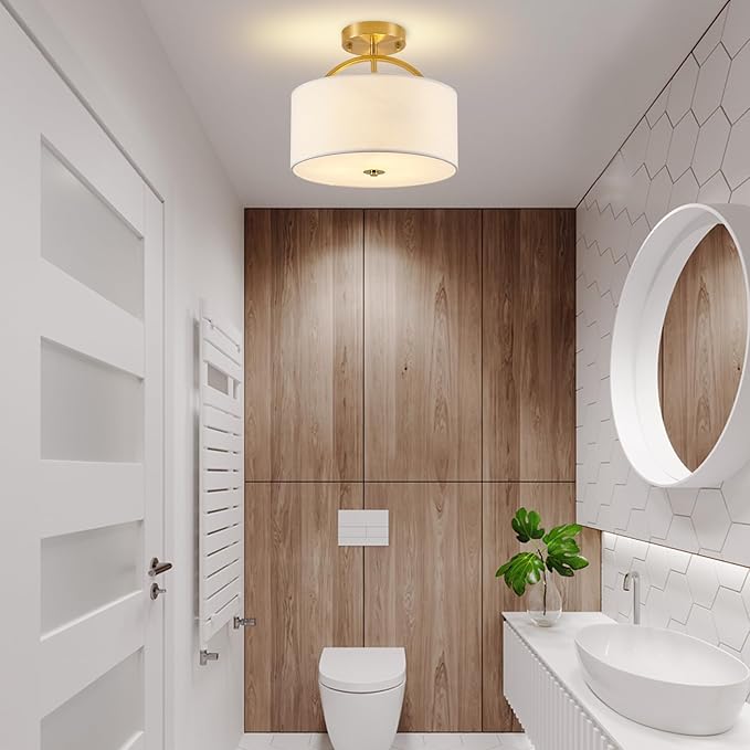 Gold Semi Flush Mount Ceiling Light Fixture 3-Light Drum Light Fixture with White Fabric Cover Shade 12.2" Modern Round Chandelier for Bedroom Foyer Hallway Living Room Kitchen Dining Room