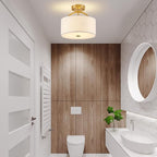 Gold Semi Flush Mount Ceiling Light Fixture 3-Light Drum Light Fixture with White Fabric Cover Shade 12.2" Modern Round Chandelier for Bedroom Foyer Hallway Living Room Kitchen Dining Room