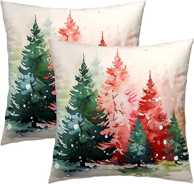 Watercolor Christmas Tree Pillow Covers Set of 2-18X18 Inch Red Green Xmas Pine Trees Decorative Pillow Cases Cushion Cover for Couch Sofa Bed,Winter Holiday Home Decor