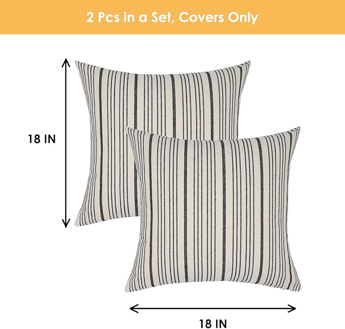 Black Pillow Covers Linen Farmhouse Throw Pillow Covers Outdoor Striped Decorative Square Throw Pillows for Couch Sofa Bed 18x18 in Pack of 2 Black and Cream