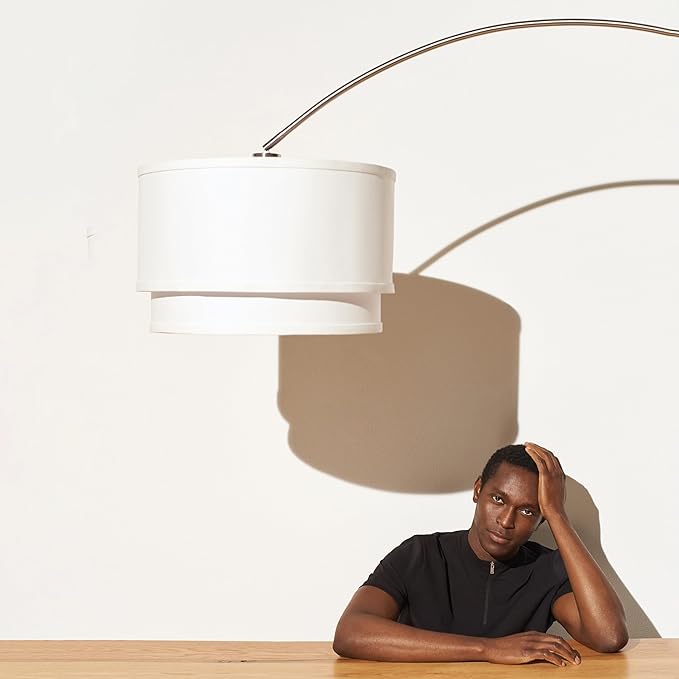 Brightech Mason Arc Floor Lamp - Modern Corner Standing Lamp with Unique Hanging Drum Lamp Shade for Living Room - Bright Overhead, Curved Hanging Light for Bedroom. Library, Den - Nickel