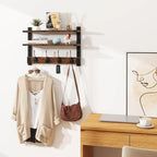 Homode Two-Tier Wall Shelf with Hooks, 17 Inch Coat Rack Wall Mount with Shelf, Wood Coat Hanger Entryway Hanging Storage Shelves with 4 Double Hooks for Bathroom Bedroom Living Room, Rustic Brown