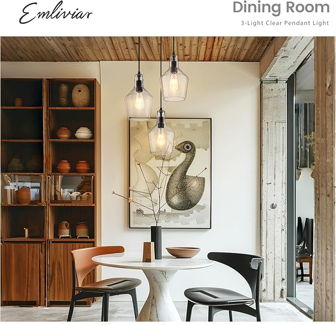 Emliviar 3-Light Chandelier Hanging Light Fixture, Modern Cluster Pendant Lighting for Kitchen Island with Clear Seeded Glass, Black Finish, DYE286G2-3 BK