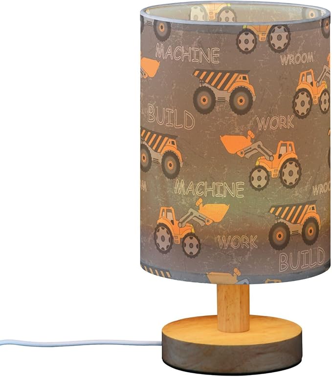 Table Lamp Construction Car Truck Excavator Nightstand Lamp with Wood Base Fabric Lamp Shade Bedside Desk Lamp for Living Room Bedroom Kids Room Office