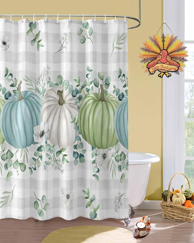 Fall Thanksgiving Shower Curtain, Autumn Pumpkins Eucalyptus Leaves Shower Curtains Set with Hooks, White Blue Green Gray Plaid Waterproof Fabric Bathroom Curtains Decor Accessories,72X 96 Extra Long
