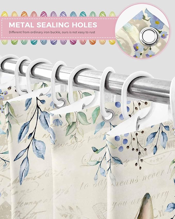 Vandarllin Spring Easter Shower Curtain, Floral Bunny Shower Curtains Set with Hooks, Flower Leaves Rabbit Waterproof Fabric Bathroom Curtains Decor Home Accessories,Stall 48 X 72 Inch