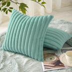 decorUhome Faux Fur Throw Pillow Covers 16x16 Set of 2, Decorative Soft Plush Striped Neutral Couch Euro Pillow Covers with Velvet Back for Sofa, Bed, Living Room Home Decor, Aqua