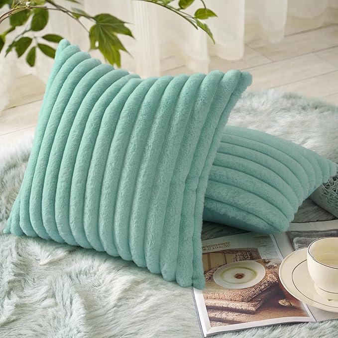 decorUhome Faux Fur Throw Pillow Covers 18x18 Set of 2, Decorative Soft Plush Striped Neutral Couch Euro Pillow Covers with Velvet Back for Sofa, Bed, Living Room Home Decor, Aqua
