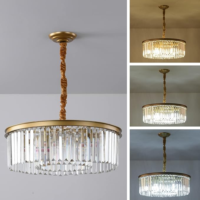 Gold Modern Crystal Chandelier, 2-Tier Round Flush Mount Ceiling Light Fixtures Height Adjustable Pendant Lighting for Dining Room Living Room Bedroom Kitchen Hotel Foyer
