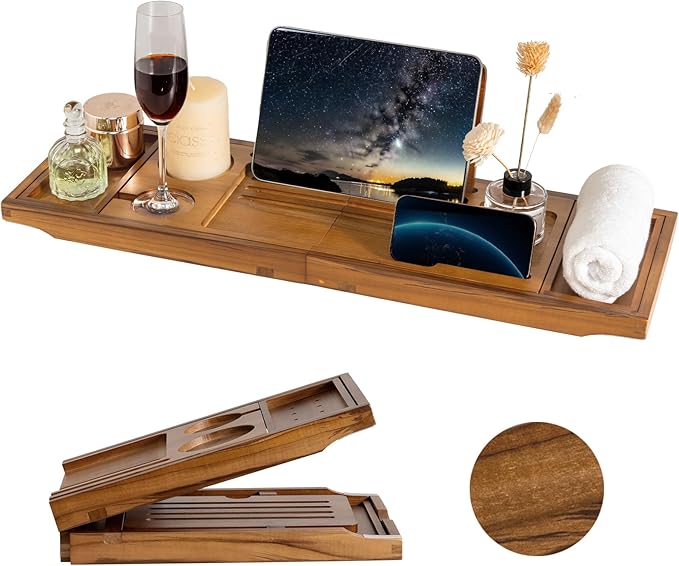 Teak Bathtub Tray Expandable Bathroom Tray for Home Spa Relaxation, Wooden Tray Caddy for Bathtub, Teak Bathtub Caddy as Unique Housewarming, Birthday, Wedding Shower Gifts (Natural Teak)