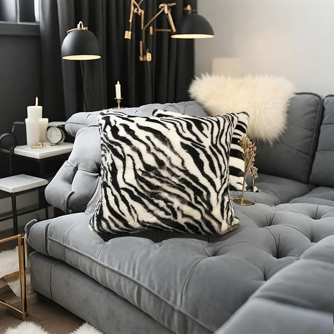 Black White Square Pillow Cover Soft Fluffy Fuzzy Faux Fur Zebra Stripe Throw Pillows Modern Decorative Accent Cushion Covers Pillowcase for Couch Sofa Living Room Bedroom, 20x20