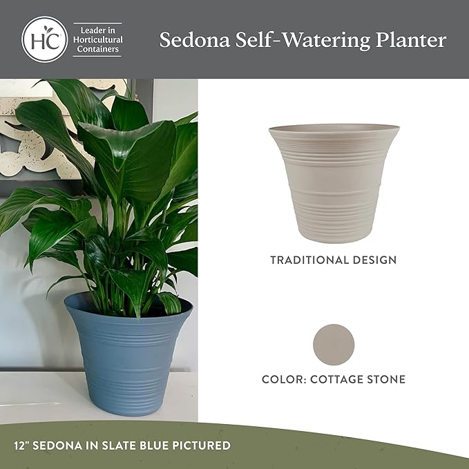 The HC Companies Sedona Round Self-Watering Pot - Lightweight Self Care Planter - Plastic Planter for Herbs & More - Durable Plant Pots for Indoor & Outdoor Plants (12" Cottage Stone, Pack of 2)