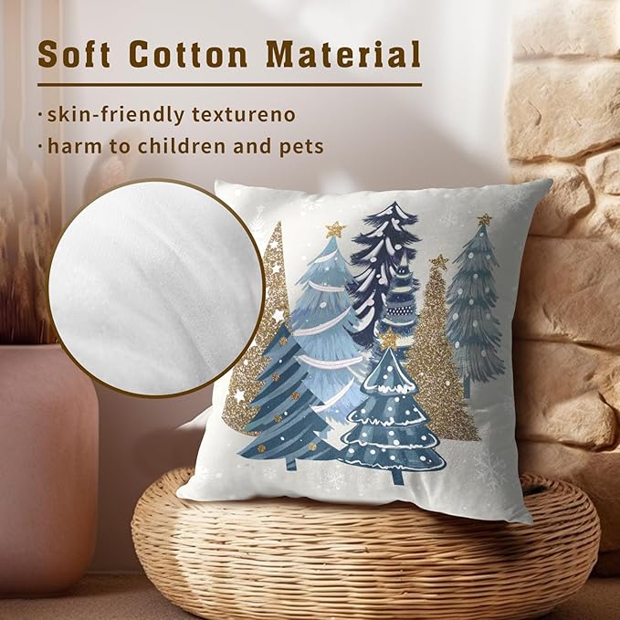 Christmas Tree Pillow Covers 18x18, Set of 2 Xmas Blue PineTrees Snowflakes Winter Holiday Decorative Pillow Protector Cases Square Cushion Cover for Sofa Couch Home Decor