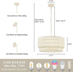 18” Rattan Chandelier Light Fixtures, 3-Light Dining Room 2-Tier Bohemian Coastal Woven Modern Hanging Drum Lighting with Fabric Shade for Living Room Kitchen Island Entryway Hallway