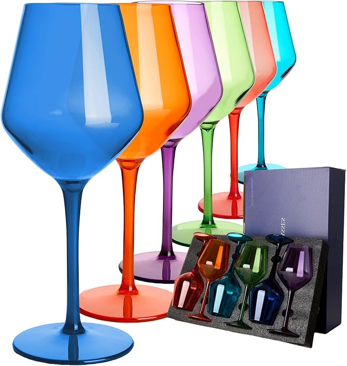 MICHLEY Colored Wine Glasses Set of 6 Unbreakable Colorful Tritan-Plastic Drinkware Gift 15oz for Outdoor Home Party, Multicolor