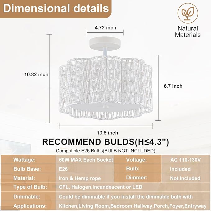 Tbaoinla✿ 13.8＂ Handwoven Rattan 3-Light | White Boho Flush Mount for Small Bedroom & Nursery, Midnight Blossom Woven Ceiling Light, Natural Fiber Bedroom Fixture, Low Profile Rattan Lighting