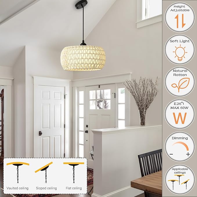 Boho Rattan Chandelier Light Fixture, 1-Lights Farmhouse Pendant Light Hand Woven Chandeliers for Dining Room with Fabric Shade Rustic Chandeliers Hanging Light Fixtures for Kitchen Island