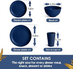 Teivio 16-Piece Kitchen Plastic Wheat Straw Dinnerware Set, Service for 4, Dinner Plates, Dessert Plate, Cereal Bowls, Cups, Unbreakable Plastic Outdoor Camping Dishes, Midnight Blue
