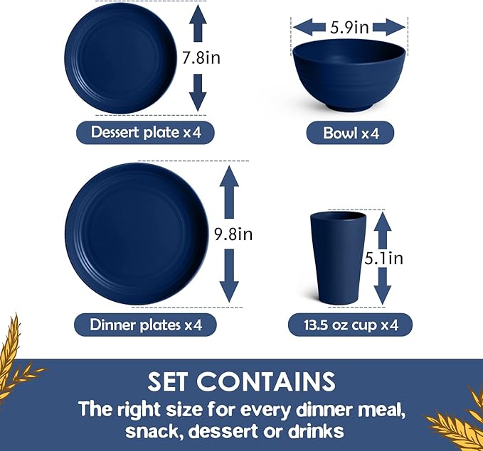 Teivio 16-Piece Kitchen Plastic Wheat Straw Dinnerware Set, Service for 4, Dinner Plates, Dessert Plate, Cereal Bowls, Cups, Unbreakable Plastic Outdoor Camping Dishes, Midnight Blue