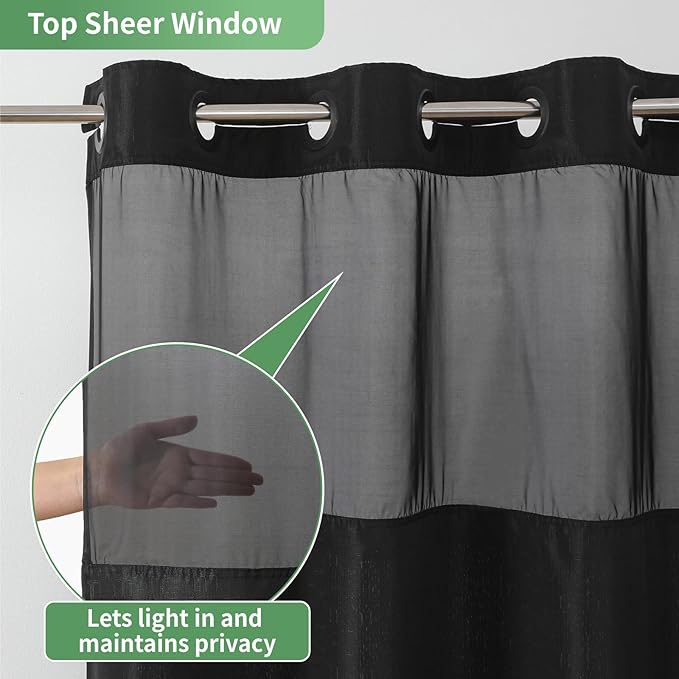 Black No Hook Shower Curtain with Snap-in Fabric Liner Set,Slub Textured Fabric Shower Curtains for Bathroom,Hotel Style Modern Shower Curtain,Water Repellent & Washable,71x74(72)