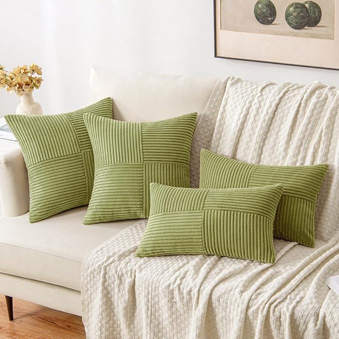 MIULEE Green Corduroy Pillow Covers Pack of 2 Boho Decorative Spliced Throw Pillow Covers Soft Solid Couch Pillowcases Cross Patchwork Textured Cushion Covers for Living Room Bed Sofa 20x20 inch