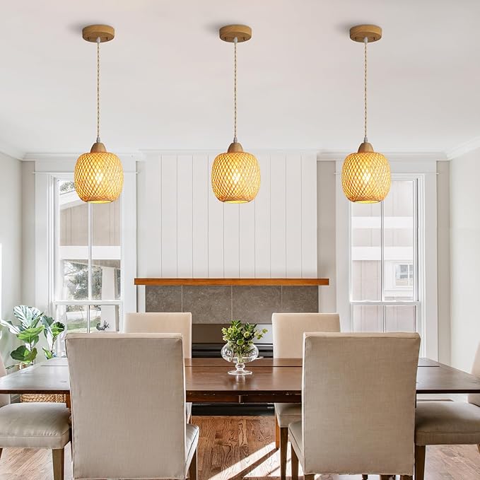 Bamboo Pendant Light Fixture, 3-Light Handmade Woven Pendant Lighting, with Adjustable Rustic Basket, for Kitchen Island Farmhouse Dining Room Living Room, ETL Listed