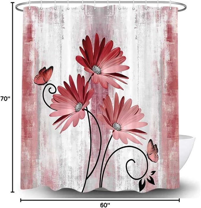 Rustic Farmhouse Shower Curtain, Farm Red Daisy Floral Flowers and Butterfly, Light Burgundy Gray Shower Curtain with 12PCS Hooks, 60X70