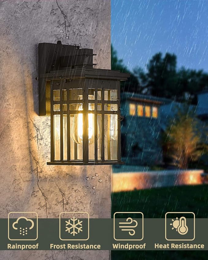 Dusk to Dawn Sensor Outdoor Wall Sconce Lantern, HWH Exterior Wall Mounted Lamp Porch Light Fixture with Clear Glass Shade, Matte Black Finish for Garage Doorway Garden, 5HD27B-PC BK