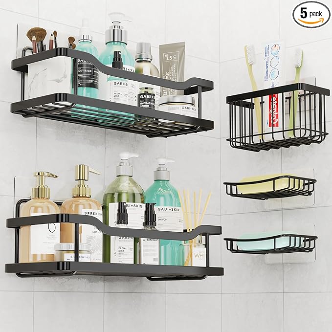 OMAIRA 5-Pack Shower Caddy with Soap Holder, Adhesive Rustproof No-drill Strudy Loading Inside Shower Organizer Shelves Rack Storage Bathroom Organization for Smooth Wall Glass Tile, Black (X-Large)