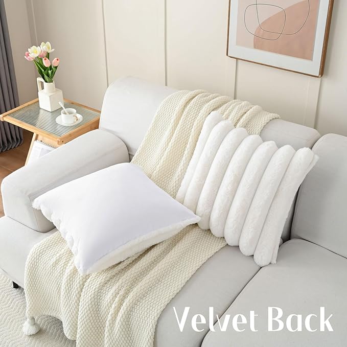 FUTEI Cream White Decorative Throw Pillow Covers 26x26 Inch Set of 2, Square Soft Faux Rabbit Fur Big Striped Pillow Sham,Home Decor for Couch Sofa Bed Living Room
