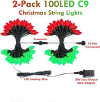 2 Pack 66FT 100LED Extendable C9 Christmas Lights Outdoor/Indoor, Waterproof Christmas String Lights Plug in, Green Wire LED Fairy Lights for Xmas Tree Garden Patio Wedding Party Decor (Red and Green)