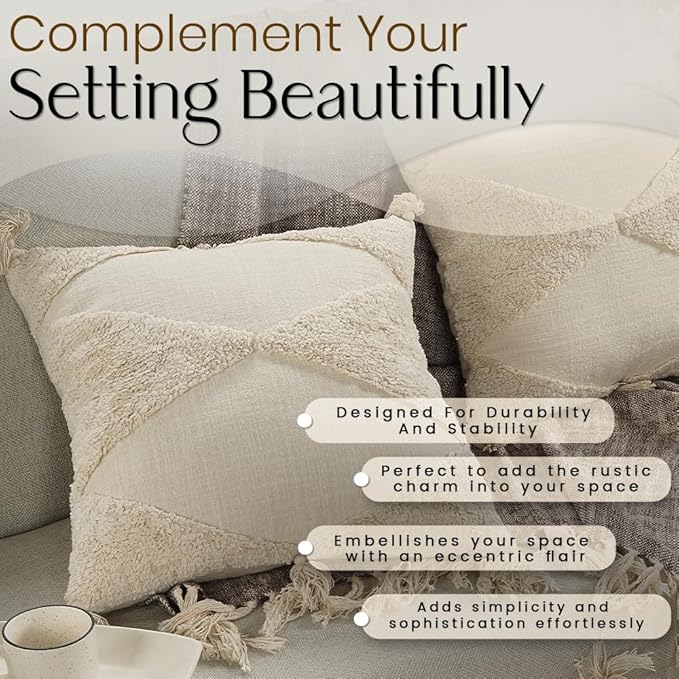 GRUHUM Throw Pillow Covers 18x18-Set of 2 Boho Decorative Handwoven Fancy Tufted Cushion Case for Living Room Bedroom Sofa Couch Farmhouse Car Home Decor Cotton Comfy Square Modern 18x18 inch,Cream