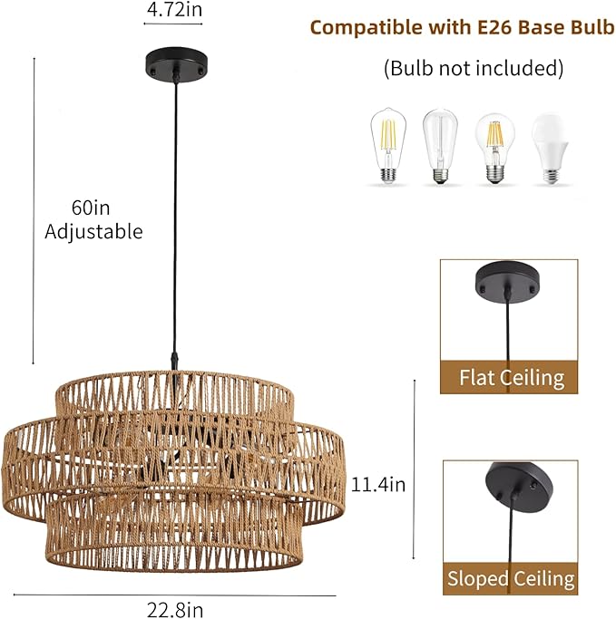 3-Tier Large Rattan Chandeliers, 22.8in Boho Coastal Pendant Lights, Wicker Hanging Ceiling Lights Hemp Rope Lighting Fixture, for Dining Room, Kitchen Island, Living Room