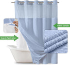 no Hook Shower Curtain and Liner Set，Boho Style with See Through Top Window, Blue Fabric Tufted Striped Textured Outer Curtain & Waterproof Inner Liner, FrostBlue, 71Wx86H