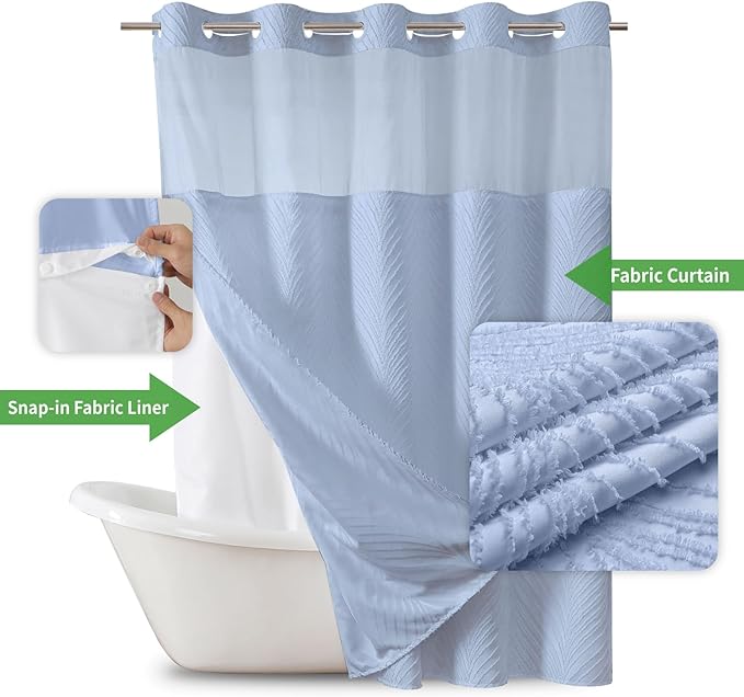 no Hook Shower Curtain and Liner Set，Boho Style with See Through Top Window, Blue Fabric Tufted Striped Textured Outer Curtain & Waterproof Inner Liner, FrostBlue, 71Wx77H
