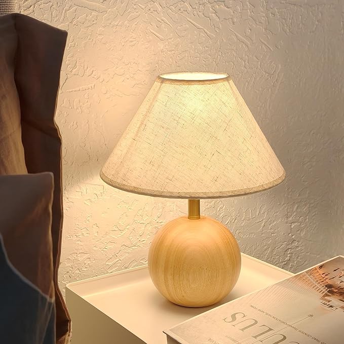 Table Lamp for Living Room,Wood Base Flaxen Fabric Shade Desk Lamp for Bedroom,Small Décor Ambient Bedside Lamps for Night Stands,LED Bulb (not Included)