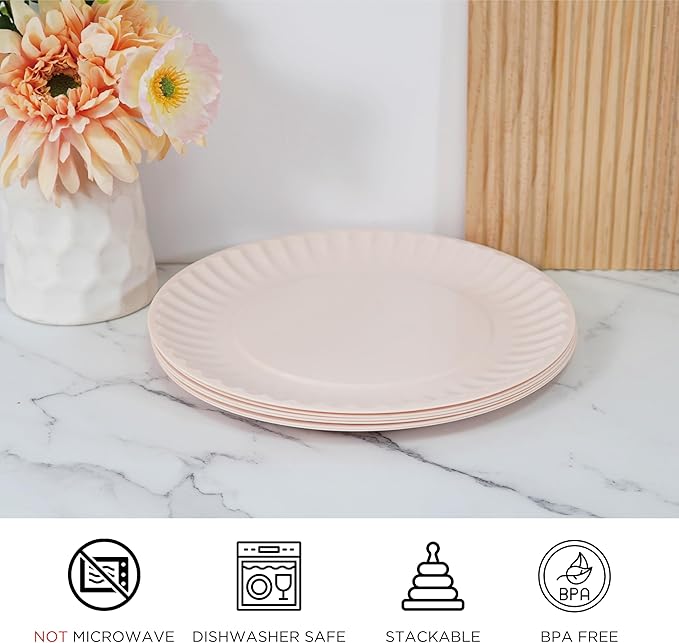 TP 6-Piece Melamine Plates Set, 10.5-Inch Reusable Dinner Plates for Picnic, Party, BBQ & Camping, Dishwasher Safe Lightweight Tableware, Light Pink